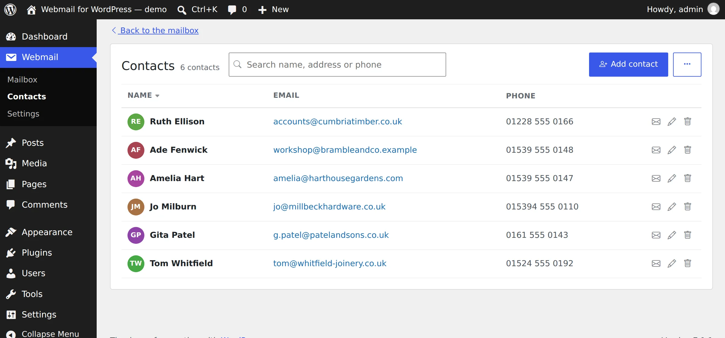 The contacts screen inside the WordPress dashboard, listing six people with their email addresses and phone numbers