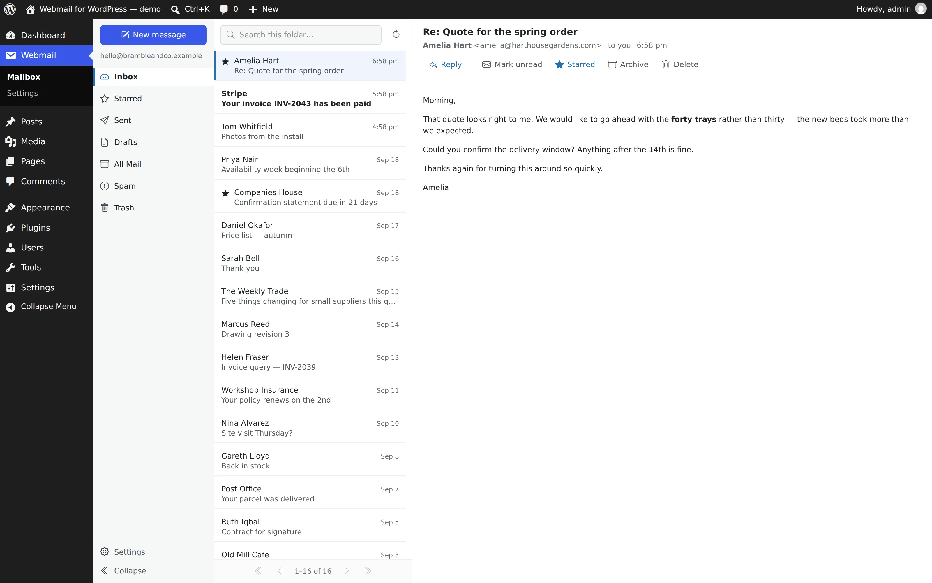 The three-pane webmail screen inside the WordPress dashboard
