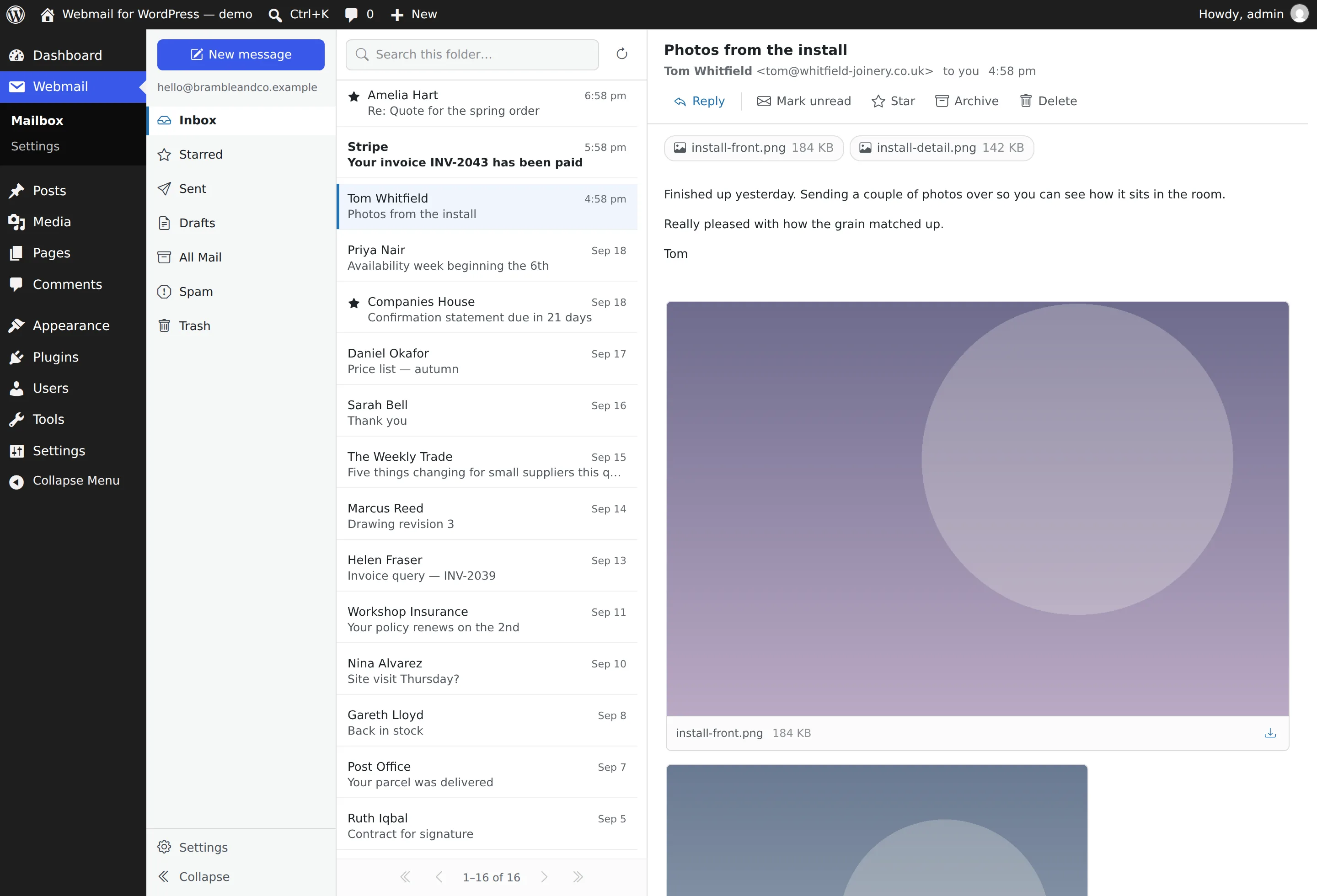 An attached photo previewing inside the message pane