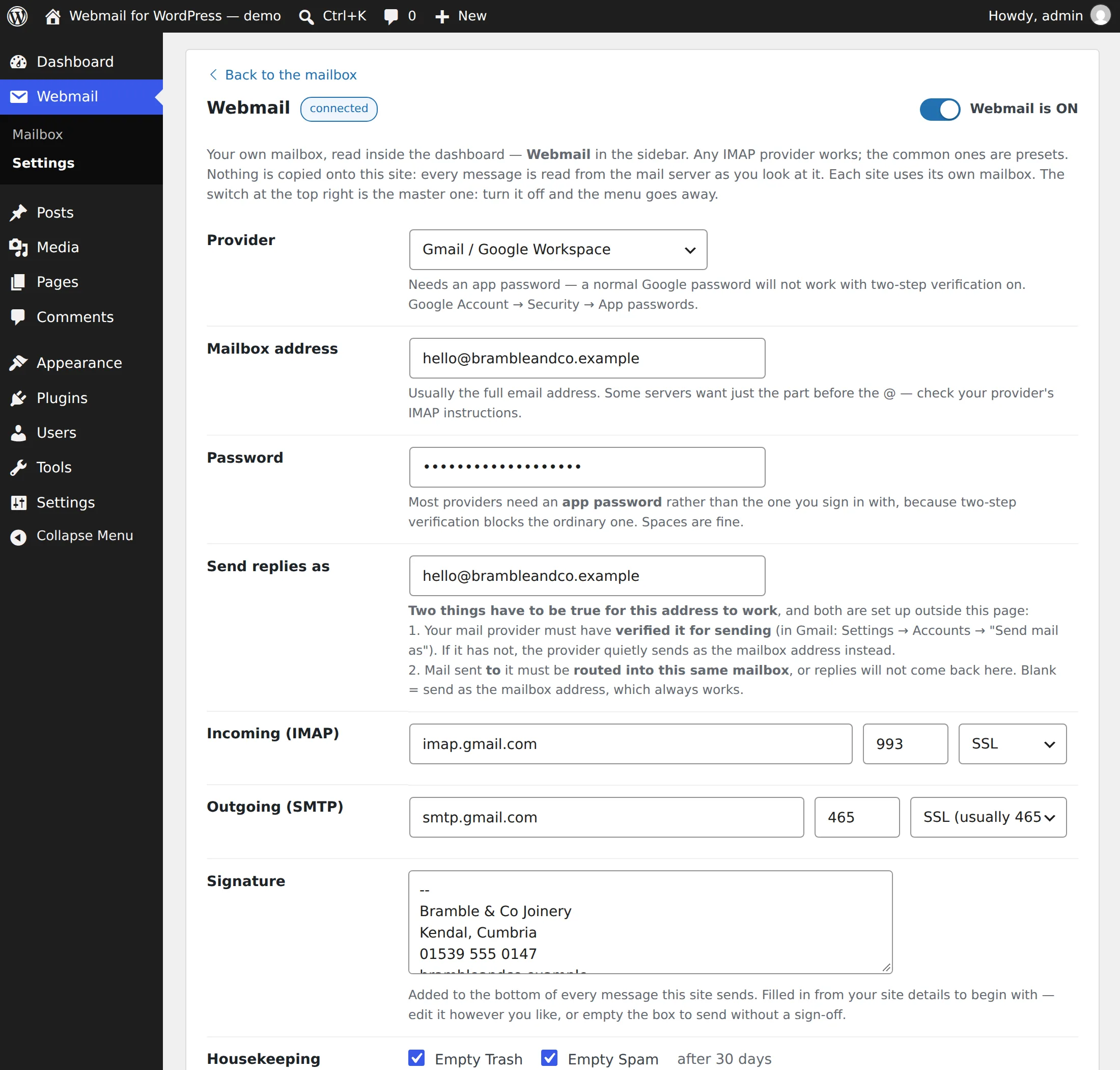 The Webmail settings card