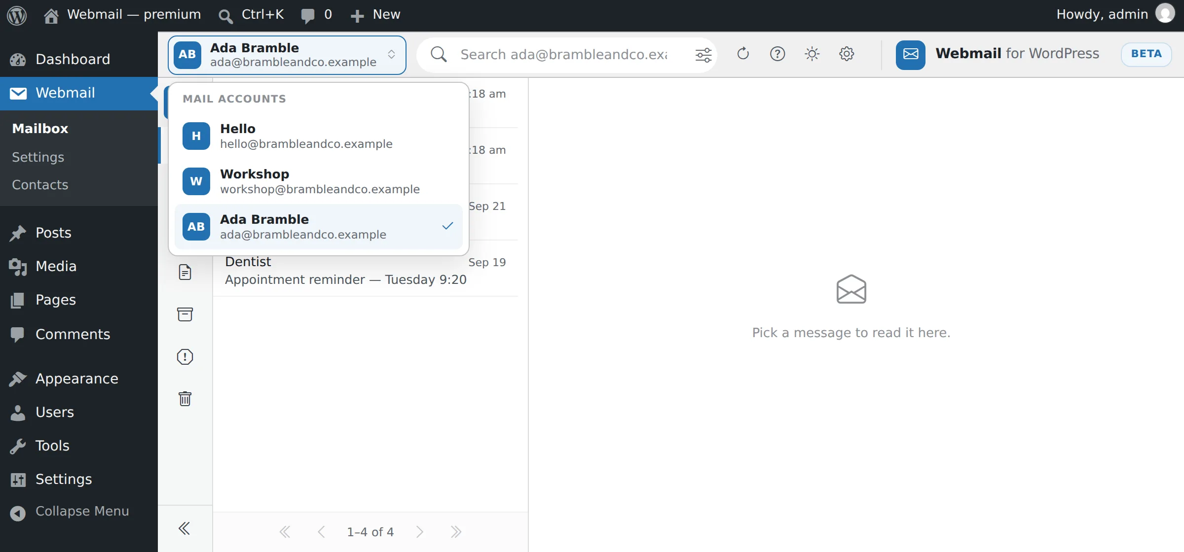 The mailbox switcher open, listing three mailboxes with a tick beside the one being read